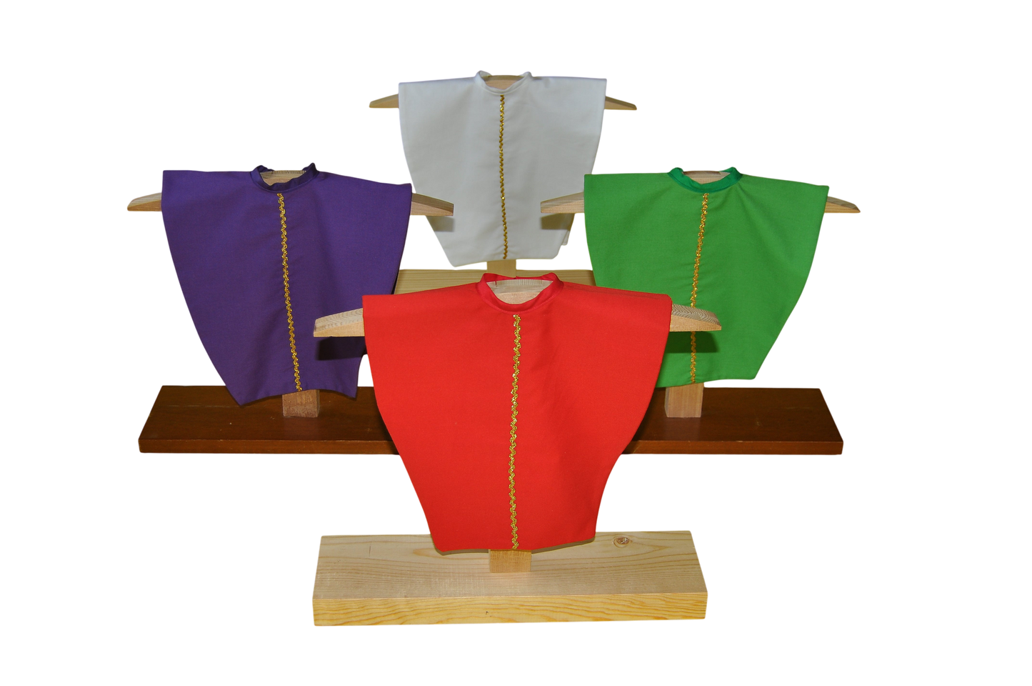 4 Liturgical Colors Set: Mini-Chasubles with Wooden Stands