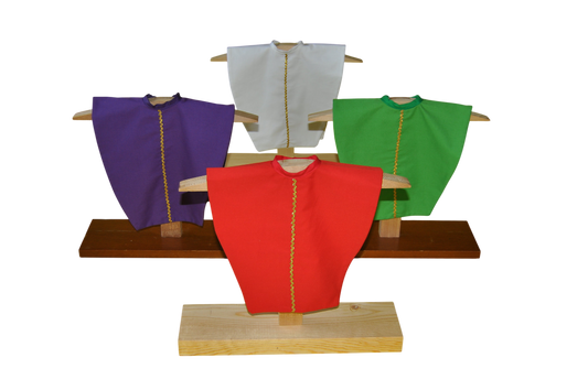 4 Liturgical Colors Set: Mini-Chasubles with Wooden Stands